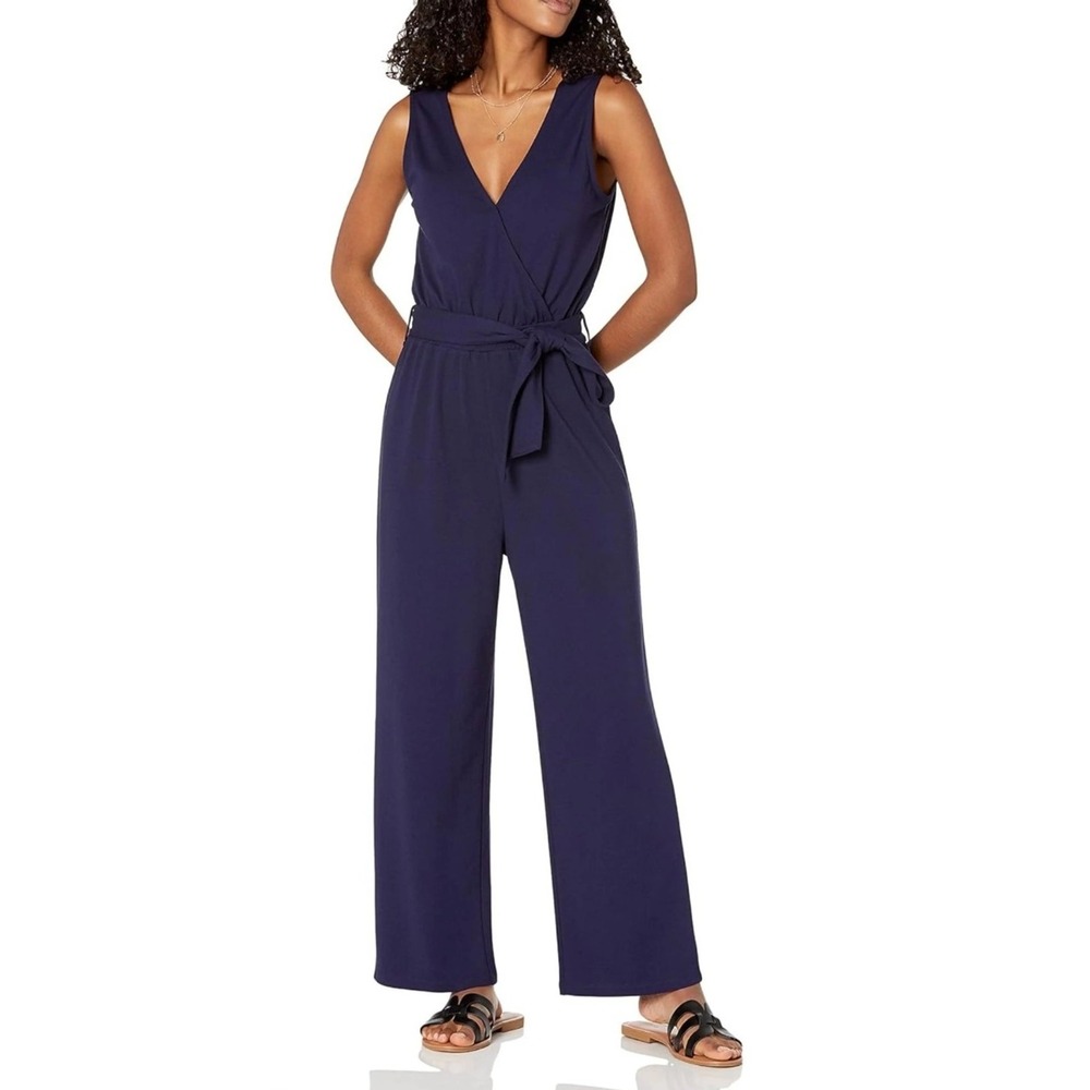 Caralyn Mirand x The Drop Navy Blue V-Neck Wide Leg Belted Jumpsuit Large